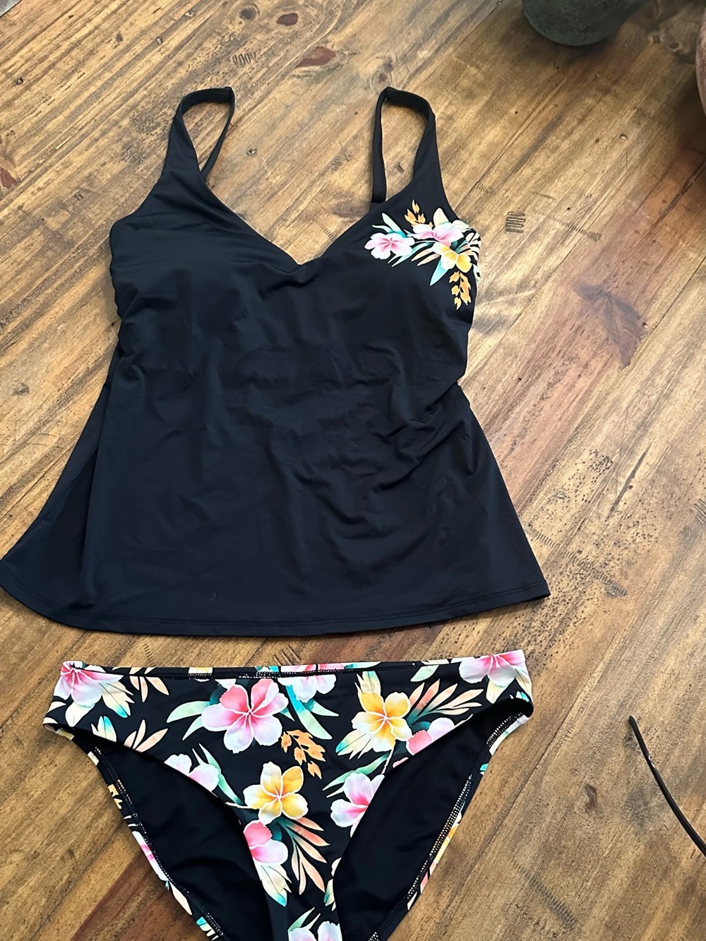 Sky Black Floral Two-Piece Tankini Swim Set